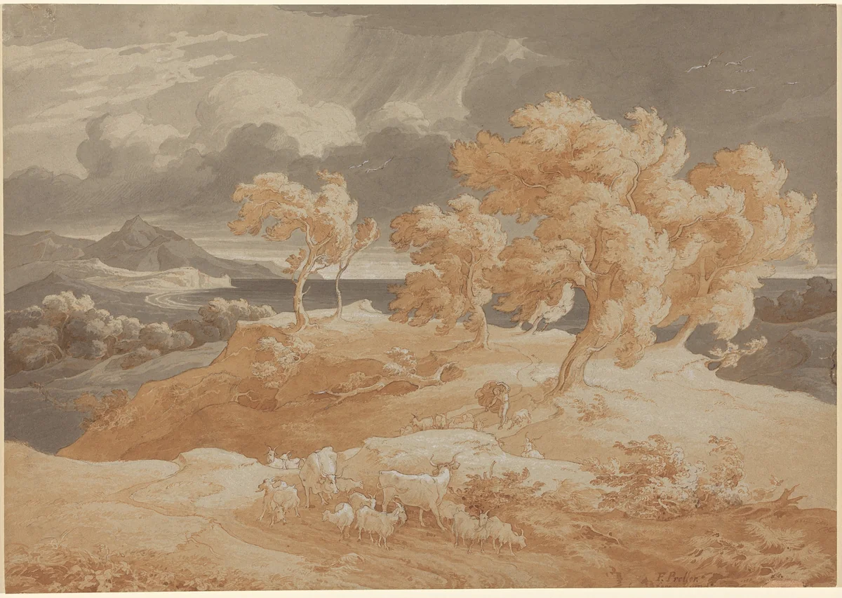 Italian Coastal Landscape with a Thunderstorm by Friedrich Preller, drawing, 1828-1831