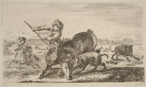 Stag at Bay by Stefano della Bella, print, 1610-1664