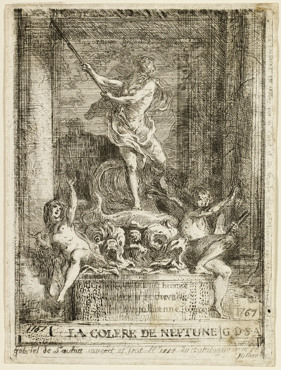 "The Anger of Neptune" Fountain by Gabriel Jacques de Saint-Aubin, print, 1767