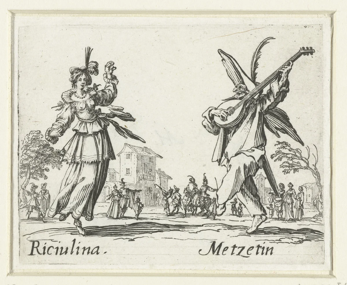 Twee straatartiesten als Riciulina en Metzetin by Jacques Callot, print, 1621-1622