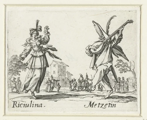 Twee straatartiesten als Riciulina en Metzetin by Jacques Callot, print, 1621-1622