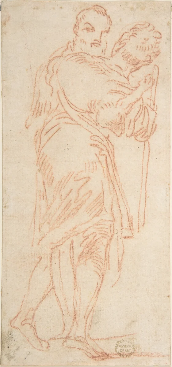 Two Standing Men, One Carrying a Lamb by anonymous, drawing, 1600-1700