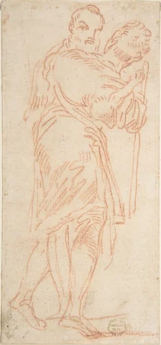 Two Standing Men, One Carrying a Lamb by anonymous, drawing, 1600-1700