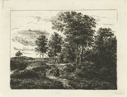 Boslandschap met vrouw en jongen op weg by Johannes Adrianus van der Drift, print, 1847-1857