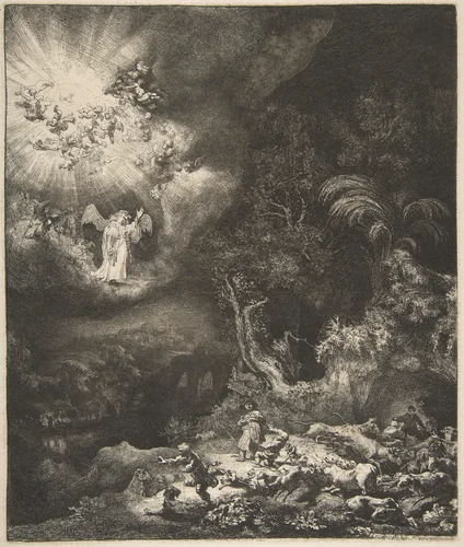 The Angel Appearing to the Shepherds by Rembrandt van Rijn, print, 1634