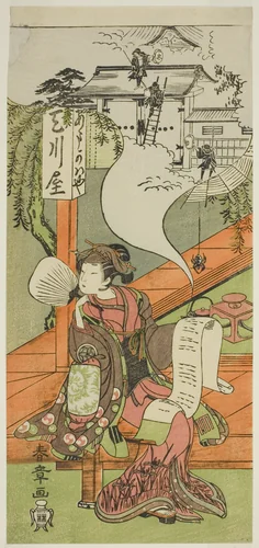 The Actor Yamashita Kinsaku II as Oishi (?) or Osono (?) in the Play Kanadehon Chushingura (?), Performed at the Nakamura Theater (?) in the Fifth Month, 1771 (?) by Katsukawa Shunsho (勝川 春章), print, 1766-1776