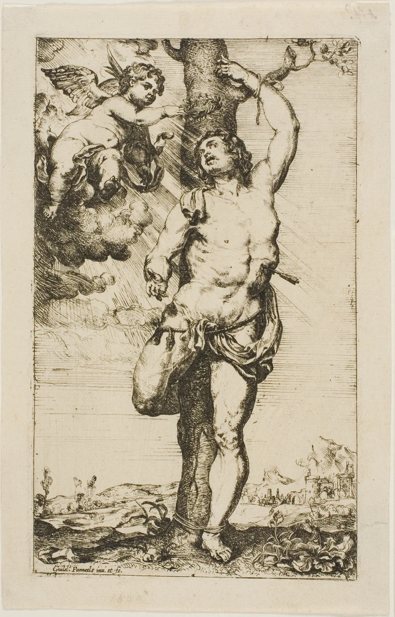Saint Sebastian Crowned by an Angel by Willem Panneels, print, 1620-1632