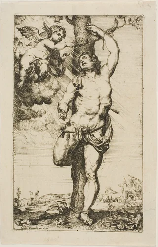 Saint Sebastian Crowned by an Angel by Willem Panneels, print, 1620-1632