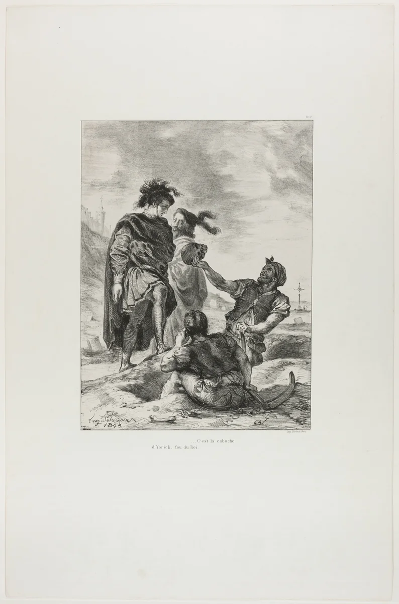 Hamlet and Horatio with the Gravediggers, plate 14 from Hamlet by Eugène Delacroix, print, 1843