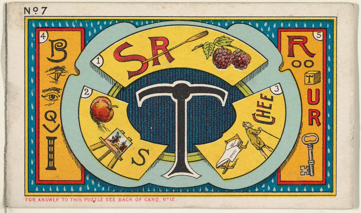 Puzzle Card Number 7, Tea Puzzle, from the Jokes series (N118) issued by Duke Sons & Co. to promote Honest Long Cut Tobacco by W. Duke, Sons & Co., print, 1887-1891