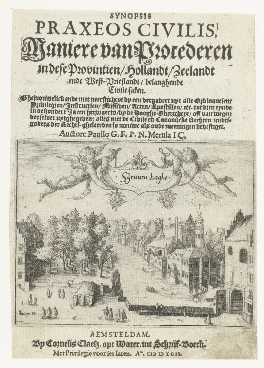 Titelblad van 'Maniere van Procederen' met een gezicht op de Vijverberg en het Binnenhof te Den Haag by Unknown, print, 1592