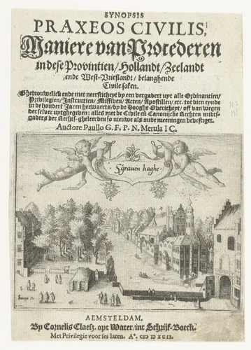 Titelblad van 'Maniere van Procederen' met een gezicht op de Vijverberg en het Binnenhof te Den Haag by Unknown, print, 1592