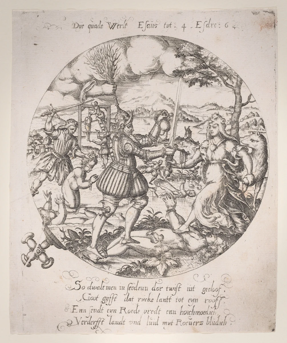 The evil world / The time of Esau (2 Esdras 6:9), plate 3 from a series of Four Allegories of the Netherlands by anonymous, print, 1565-1577