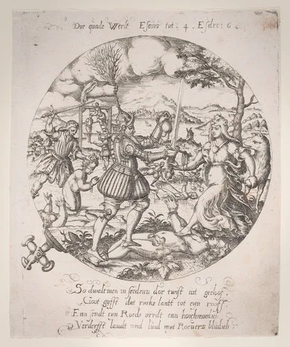 The evil world / The time of Esau (2 Esdras 6:9), plate 3 from a series of Four Allegories of the Netherlands by anonymous, print, 1565-1577