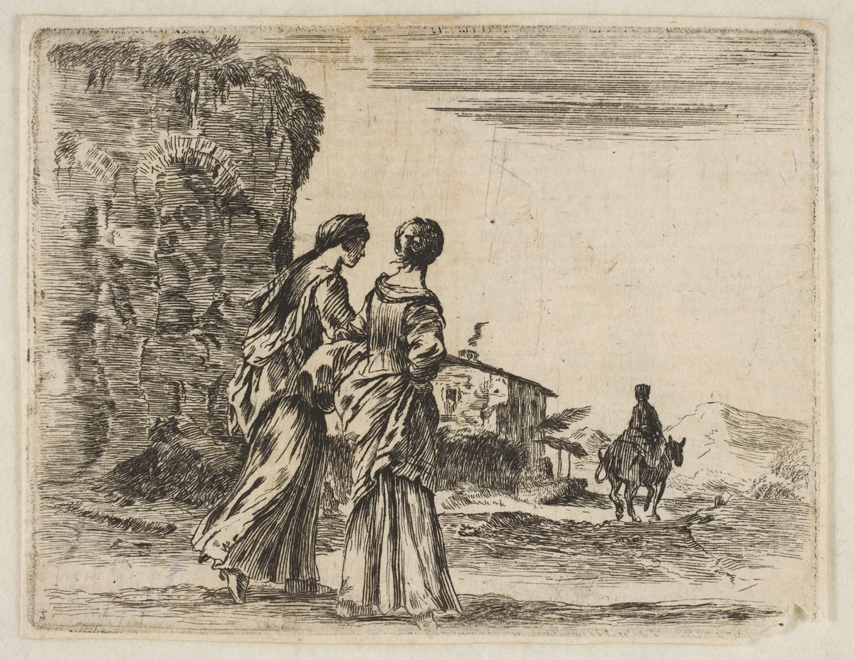 Plate 3: two girls walking towards the right, seen from behind, a woman on a horse to right in background, from "Diversi capricci" by Stefano della Bella, print, 1643-1653
