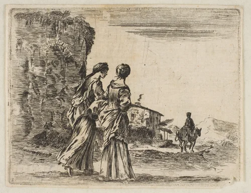 Plate 3: two girls walking towards the right, seen from behind, a woman on a horse to right in background, from "Diversi capricci" by Stefano della Bella, print, 1643-1653