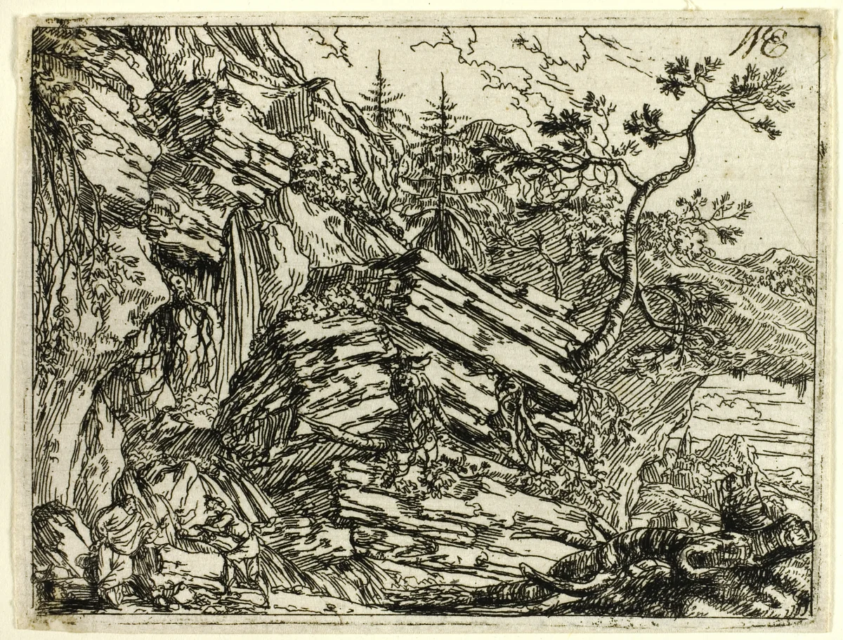 Italian Landscape with Ruins by Jonas Umbach, print, 1644-1693