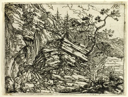 Italian Landscape with Ruins by Jonas Umbach, print, 1644-1693