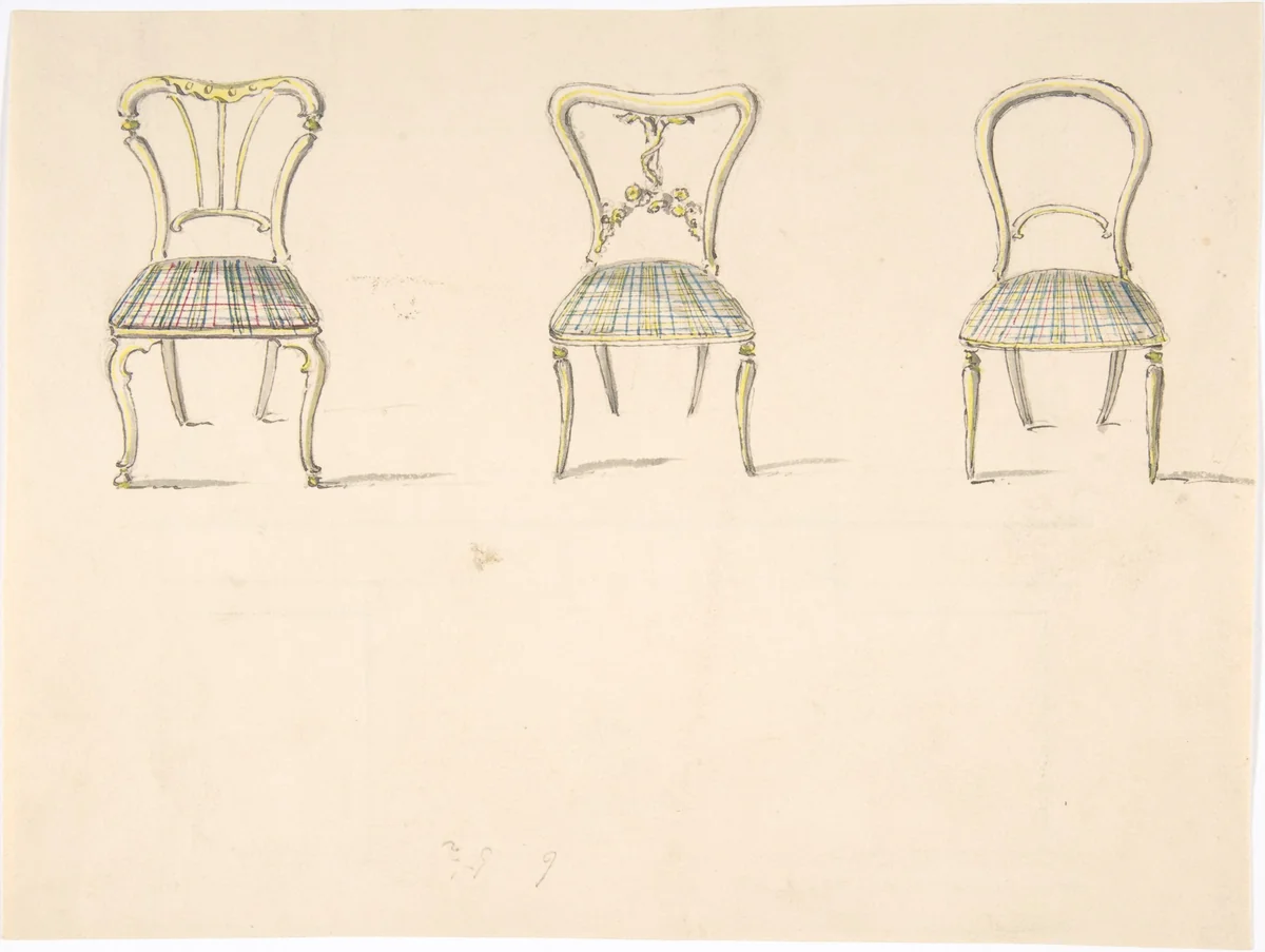 Design for Three Chairs with Curved Backs (verso: Sketch for a Sideboard) by anonymous, drawing, 1800-1850