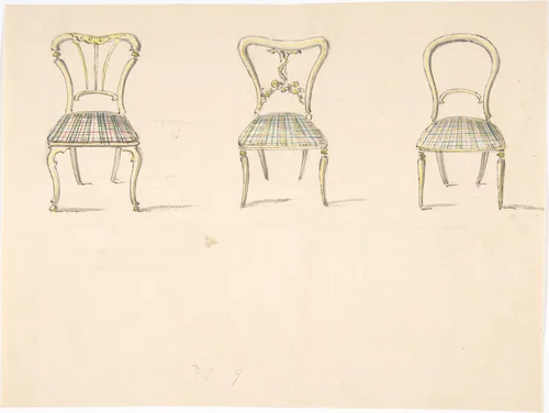 Design for Three Chairs with Curved Backs (verso: Sketch for a Sideboard) by anonymous, drawing, 1800-1850