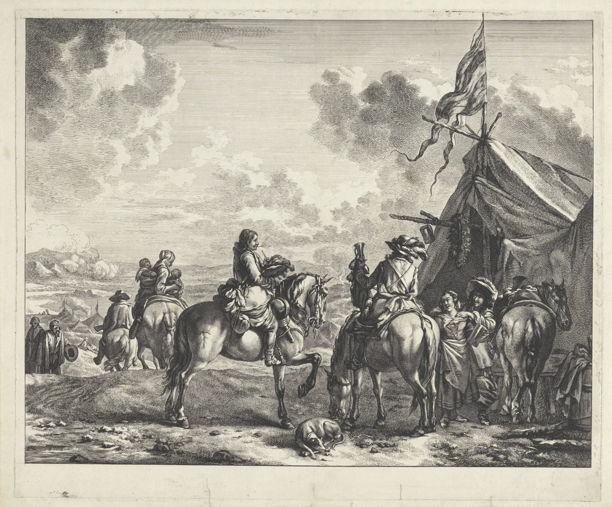 Soldaten bij een tent met vaandel, pul en krans by Jan de Visscher, print, 1643-1692