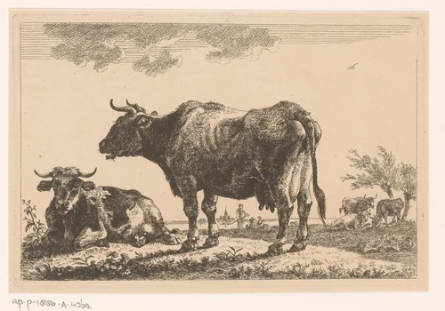 Twee runderen in de weide by Jean Baptiste de Roy, print, 1769-1839