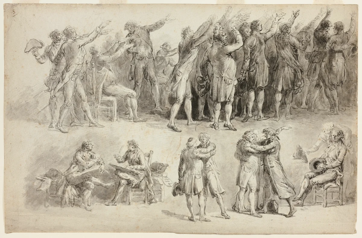 Studies after the Oath of the Tennis Court (recto); Studies after the Oath of the Tennis Court: Group with Maupetit de la Mayenne Carried by His Two Sons (verso) by Jean Pierre Norblin de la Gourdaine, drawing, 1804