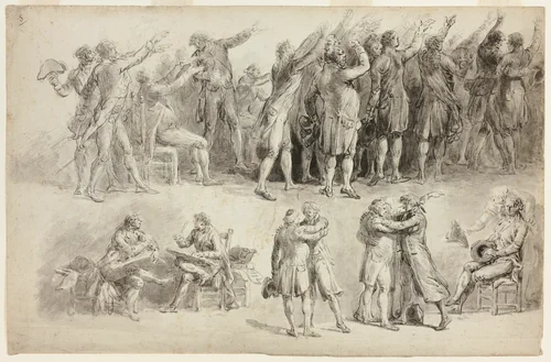 Studies after the Oath of the Tennis Court (recto); Studies after the Oath of the Tennis Court: Group with Maupetit de la Mayenne Carried by His Two Sons (verso) by Jean Pierre Norblin de la Gourdaine, drawing, 1804