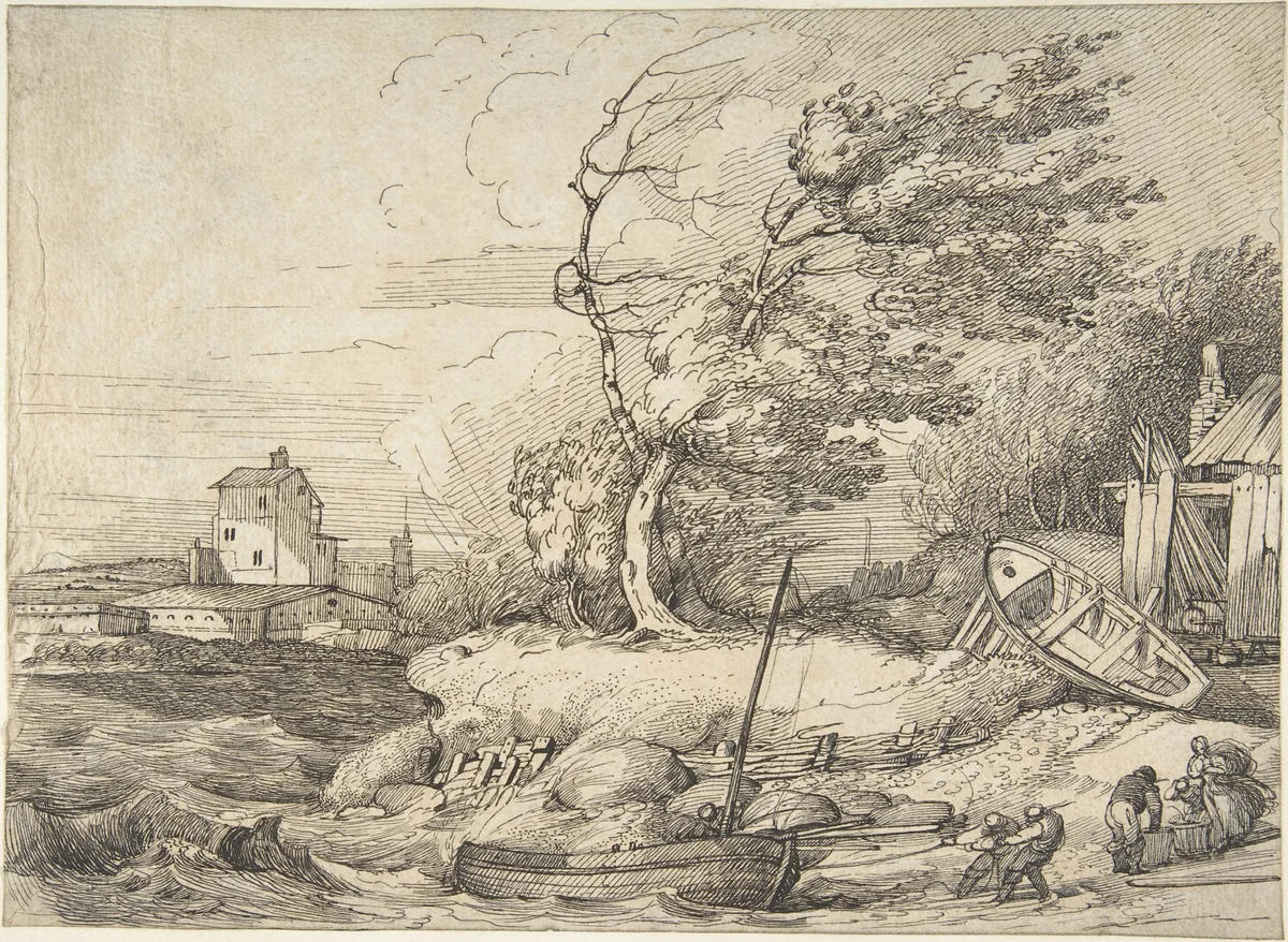 Beaching a Fishing Boat in a Gale by John Hamilton Mortimer, drawing, 1770-1779