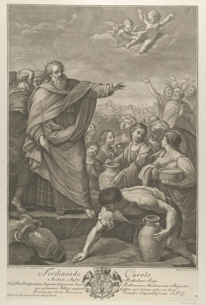 Moses at left with the Israelites who gather manna as it falls from the sky, two angels above, after Reni by Benedetto Eredi, print, 1776