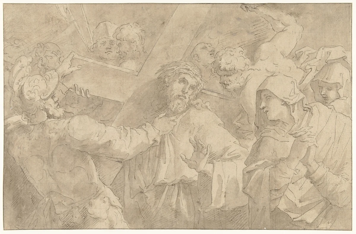 Christus op de kruisweg, sprekend met de vrouwen by Giacomo Cavedone, drawing, 1587-1660