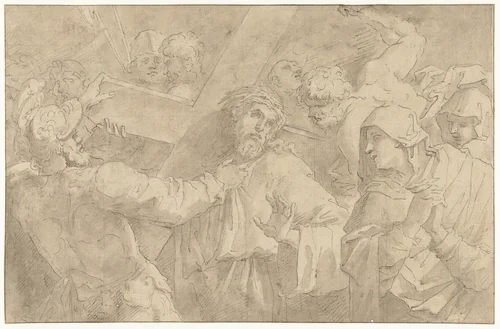 Christus op de kruisweg, sprekend met de vrouwen by Giacomo Cavedone, drawing, 1587-1660
