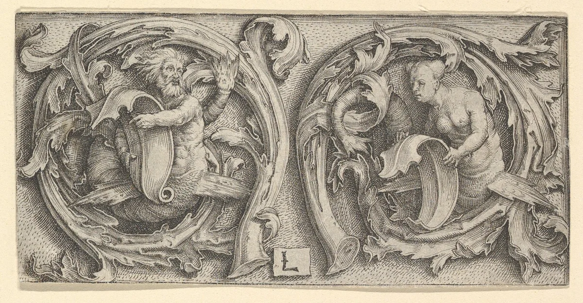 Triton and Siren in Tendrils by Lucas van Leyden, print, 1505-1515
