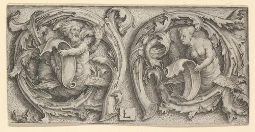 Triton and Siren in Tendrils by Lucas van Leyden, print, 1505-1515