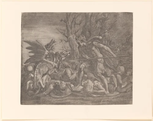 Jonge man met leeuwenvel over zijn hoofd, mogelijk Cadmus, bestrijdt een draak by Unknown, print, 1540-1556