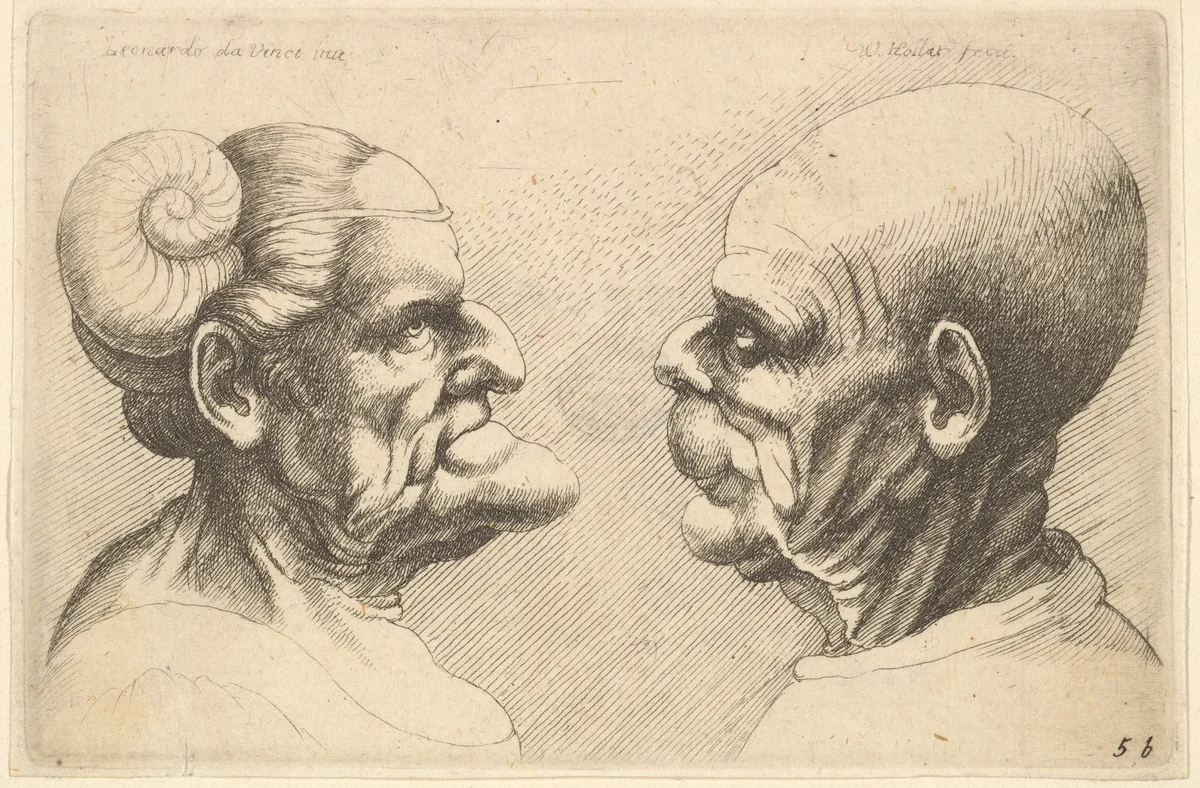 Two deformed heads facing each other by Wenceslaus Hollar, print, 1645