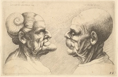 Two deformed heads facing each other by Wenceslaus Hollar, print, 1645