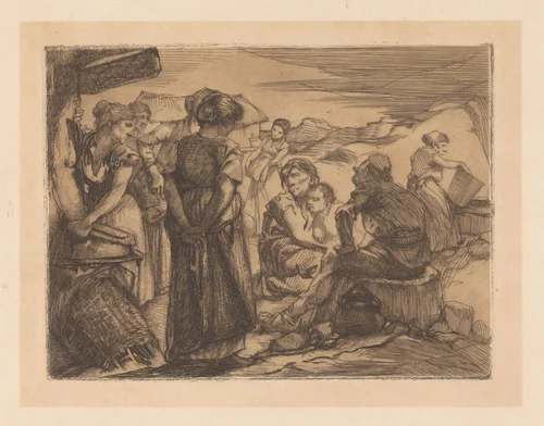 Man, vrouwen en kind in heuvelachtig landschap by Johannes Josephus Aarts, print, 1881-1934