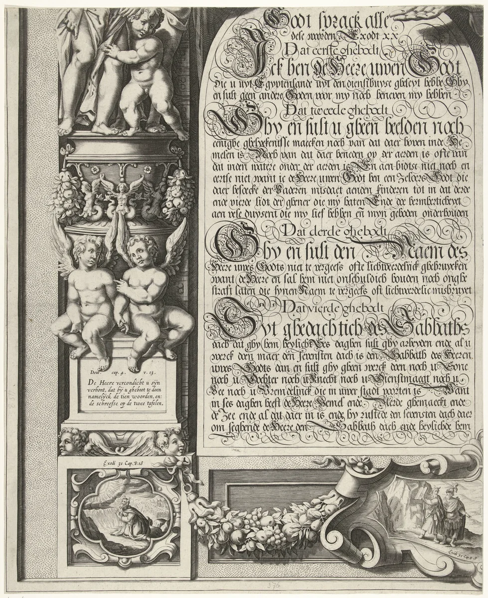 Mozes en Aäron met de Tafelen der Wet (blad linksonder) by Simon Frisius, print, 1670-1726