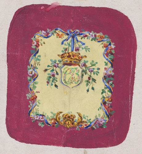 Design for a Chair Back Cover with an Ornamental Frame Formed by a Garland of Leaves and Flowers with an Interlacing Ribbon that Forms a Bow from which a Crown Motif with Monogram Hangs by anonymous, drawing, 1870-1900