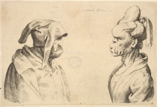 Two deformed heads facing each other by Wenceslaus Hollar, print, 1645