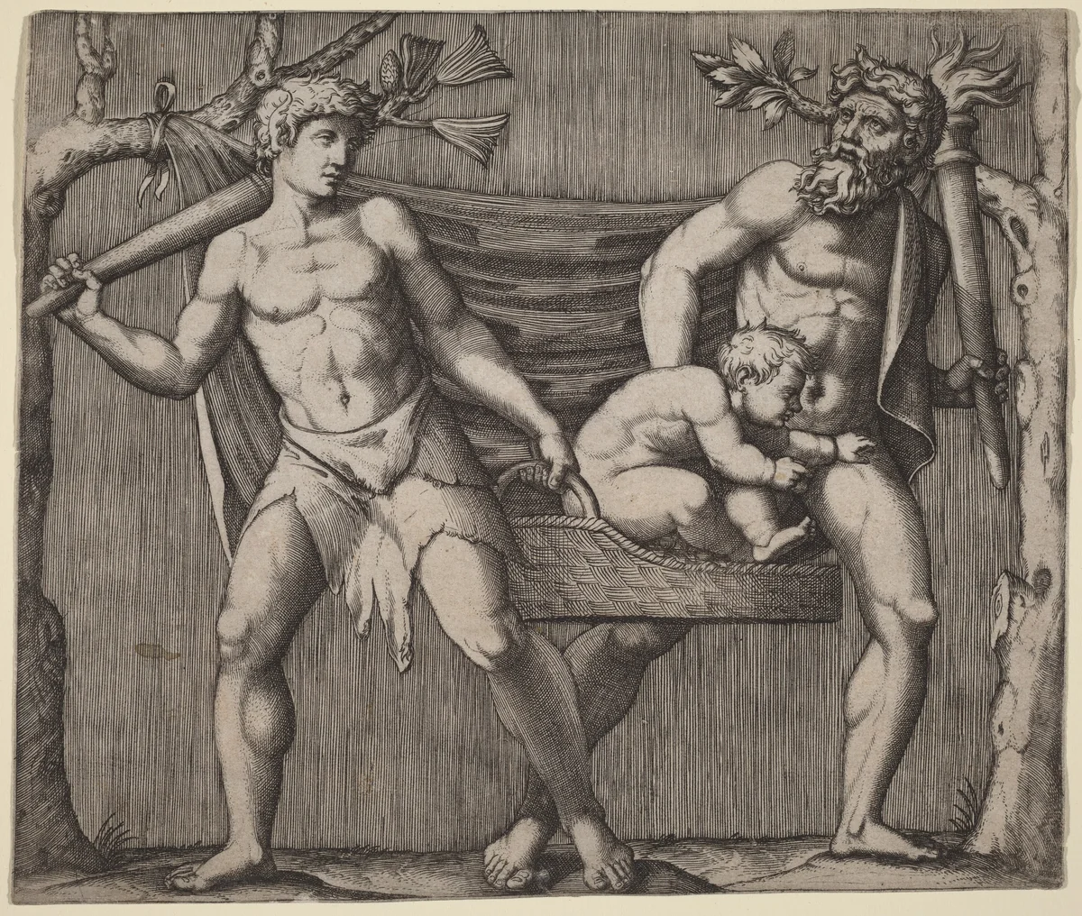 Two Fauns Carrying a Child by Marcantonio Raimondi, print, 1508-1518