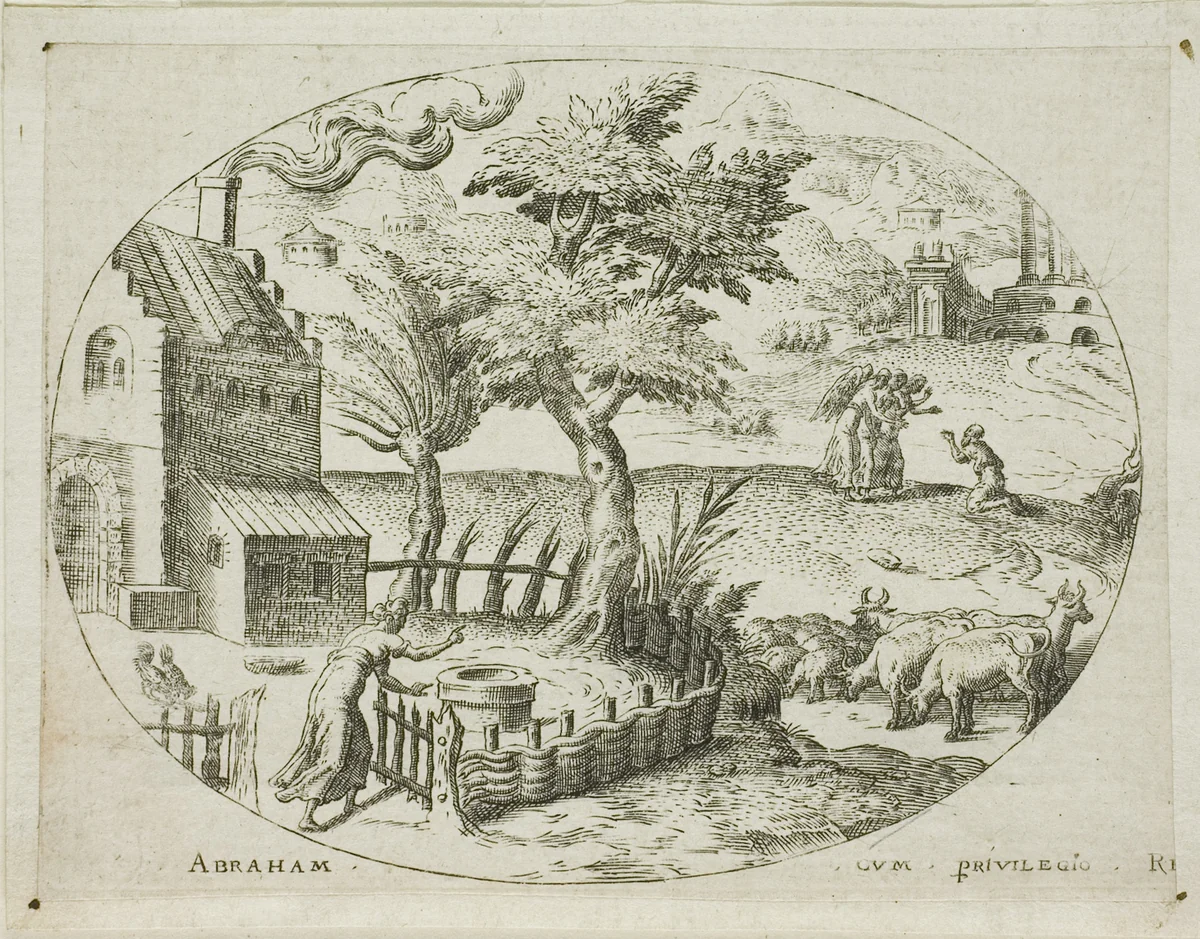 Abraham Receiving the Three Angels by Etienne Delaune, print, 1538-1583