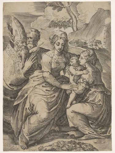 Madonna and Child with Saints (after Parmigianino) by Battista Angolo del Moro, print, 1515-1573