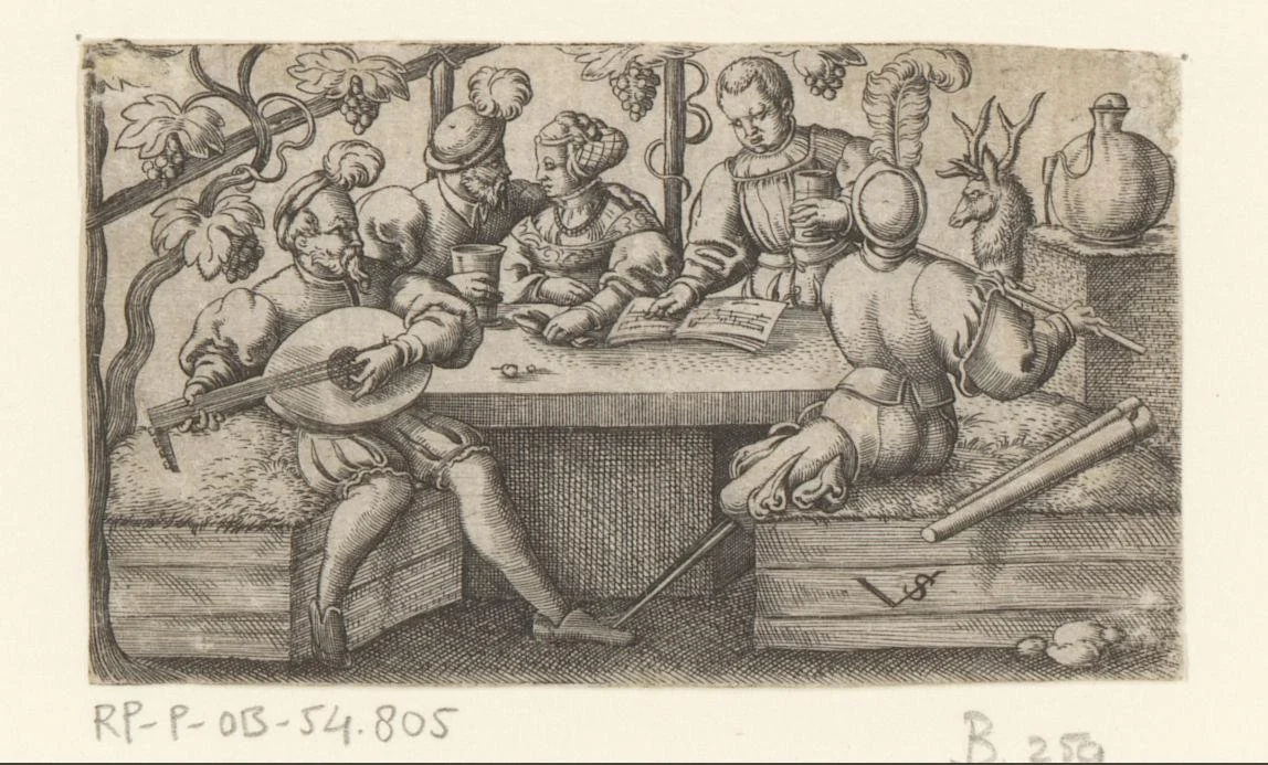 Vier mannen en een vrouw drinkend en musicerend by Unknown, print, 1524-1562
