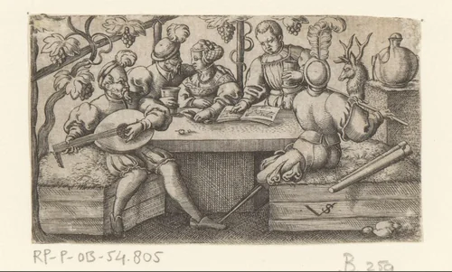 Vier mannen en een vrouw drinkend en musicerend by Unknown, print, 1524-1562