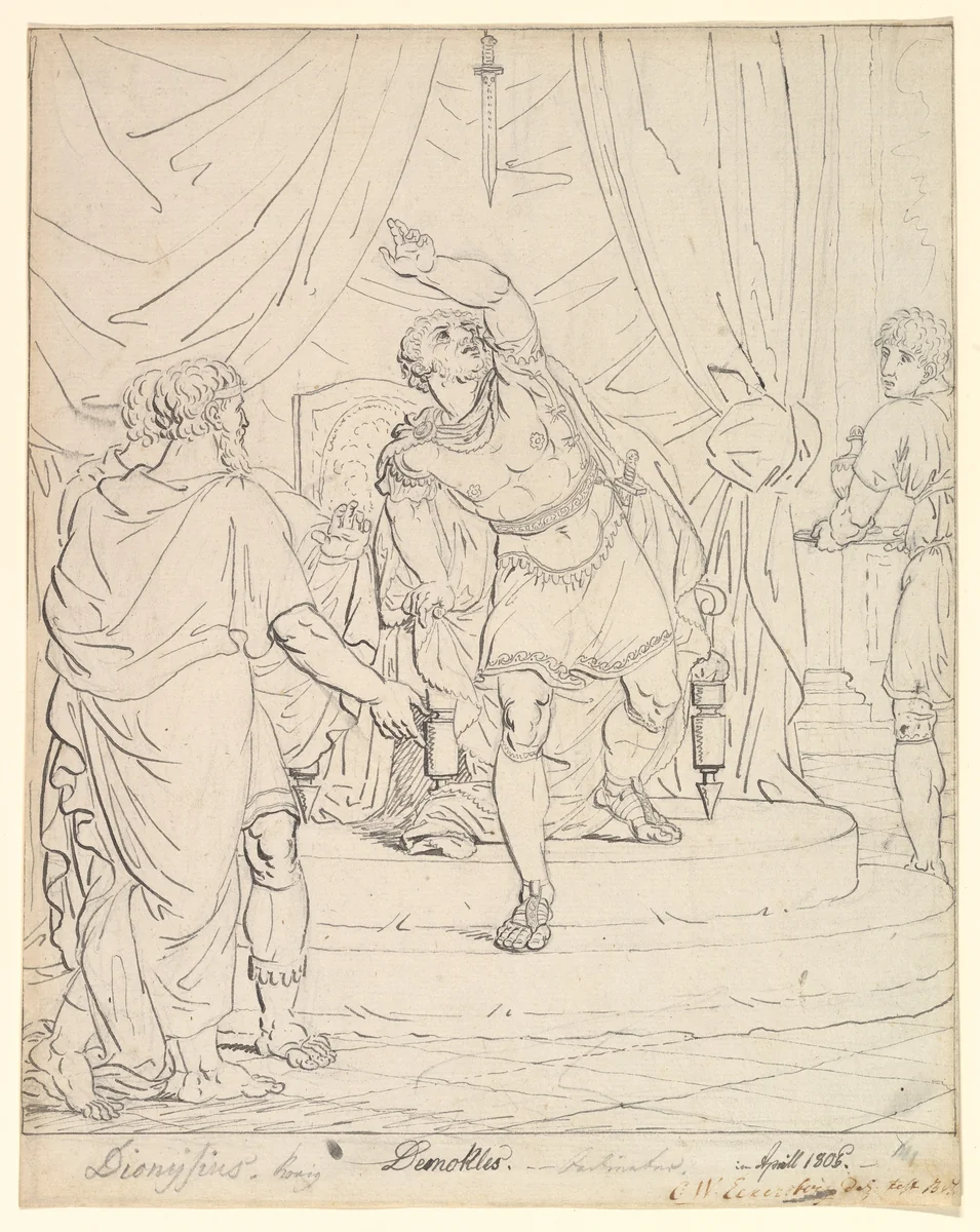 The Sword of Damocles; verso: Sketches of Man's Head and of a Figure with a Raised Arm by Christoffer Wilhelm Eckersberg, drawing, 1805