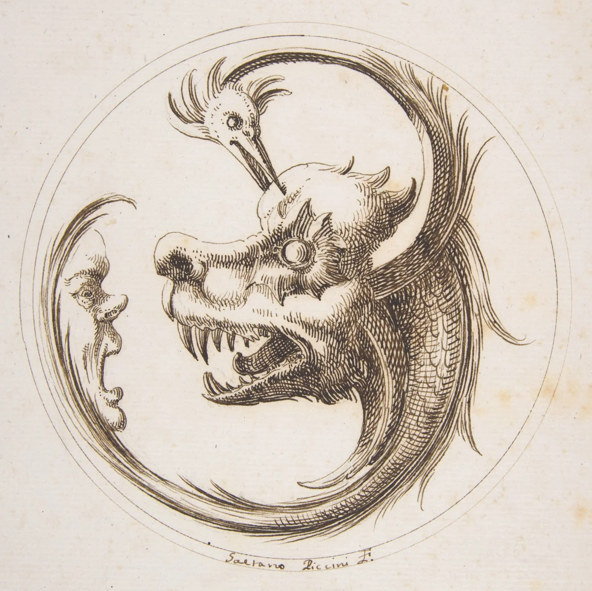 Two Beasts and a Human Mask within a Circle by Gaetano Piccini, drawing, 1727