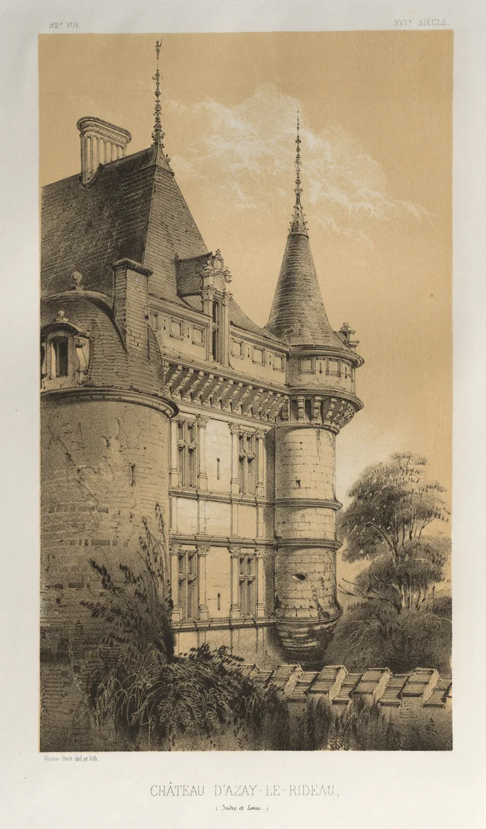 Architecture Pittoresque ou Monuments des xveme. Et xvieme. Siecles: Chateaux De France des XV et XVI Siecles: Pl. 32, Château D'Azay-Le-Rideau (Indre et Loire) by Victor Petit, print, 1860