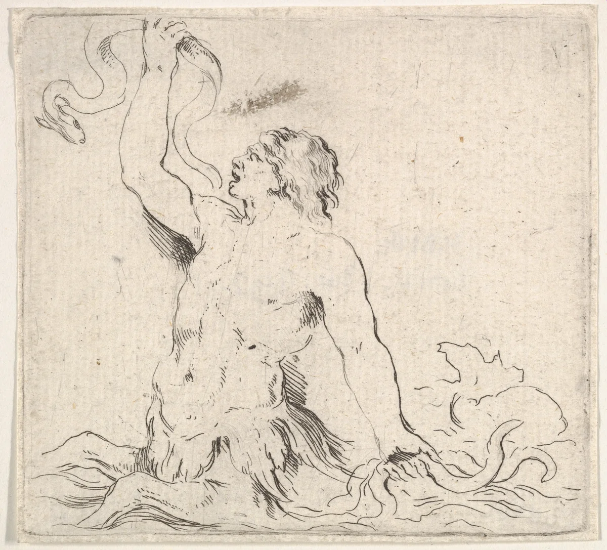 A triton in the water, facing left, holding up an eel in his right hand and two other eels underwater in his left hand, plate 7 from "Second collection of various doodles and etching proofs" (Second recueil de divers griffonnements et preuves d'eauforte) by Stefano della Bella, print, 1643-1648